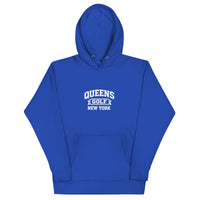  Queens Country Club Queens Golf New York collegiate hoodie with varsity-style golf graphic on front