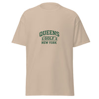   Queens Collegiate Golf Tee by Queens Country Club featuring varsity Queens Golf New York graphic inspired by NYC public golf culture.