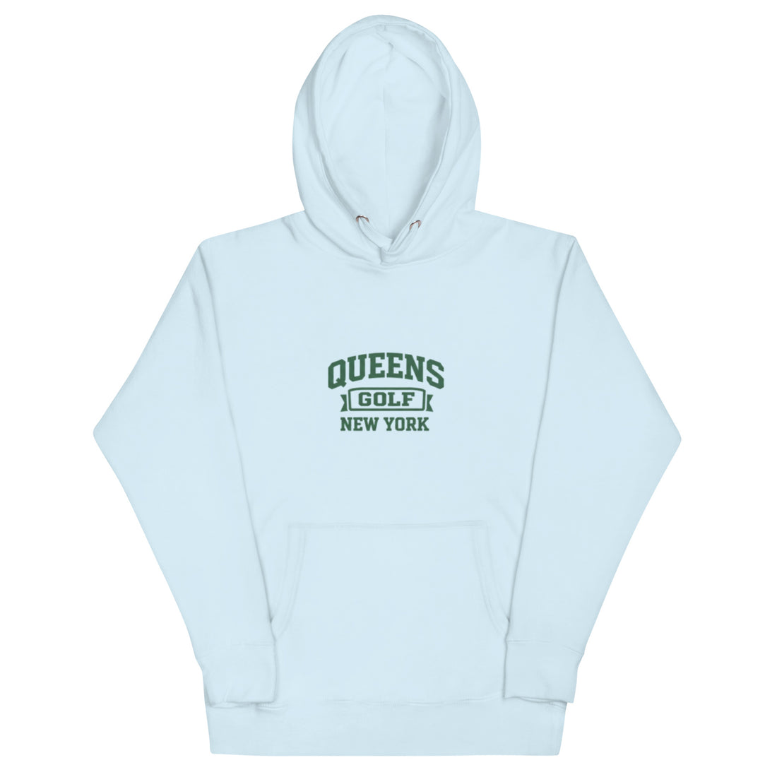   Queens Country Club Queens Golf New York collegiate hoodie with varsity-style golf graphic on front