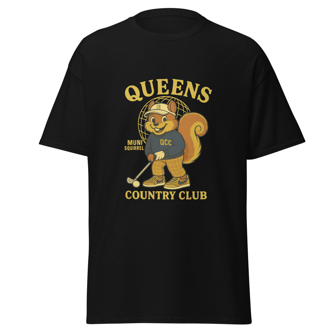  Queens Country Club black graphic T-shirt featuring cartoon golf squirrel mascot 'Muni Squirrel' in retro golf outfit with QCC sweatshirt, standing in front of Unisphere. Golf streetwear inspired by NYC municipal courses