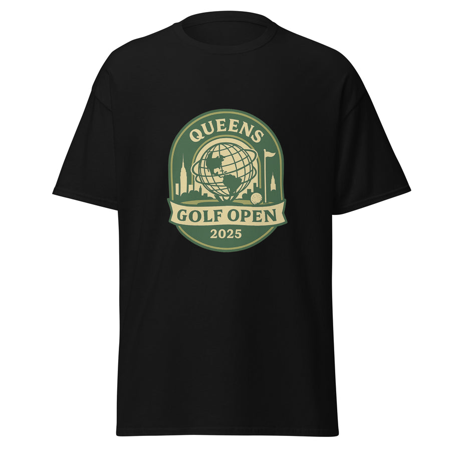 Black unisex T-shirt featuring a vintage-style graphic for the "Queens Golf Open 2025." The design includes the Unisphere at the center, surrounded by silhouettes of iconic NYC buildings, a golf ball, and a flagstick. The text "QUEENS GOLF OPEN 2025" is prominently displayed in cream and green tones within a badge-like emblem.