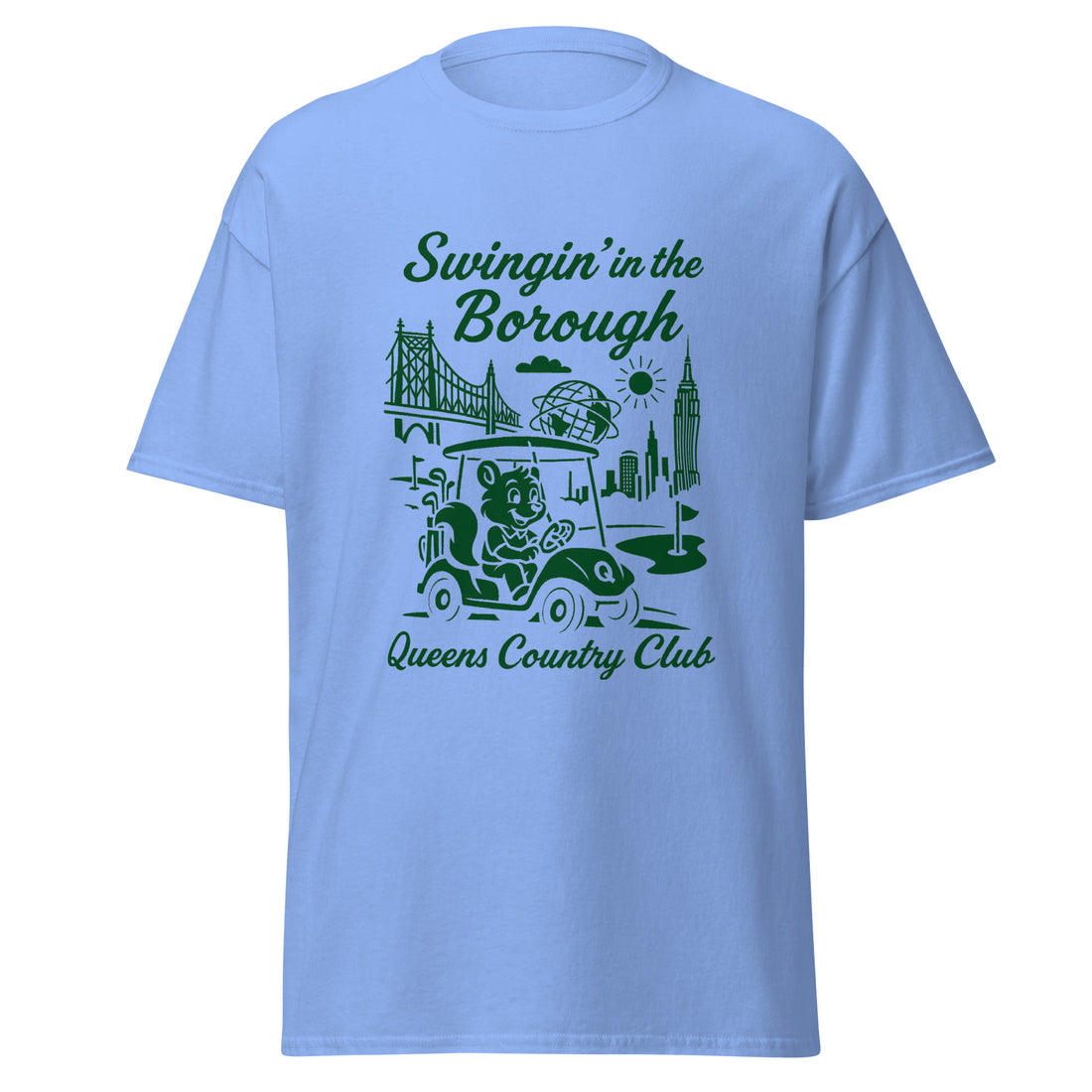  Queens Country Club T-shirt featuring vintage-style golf squirrel mascot driving a golf cart with NYC skyline, Unisphere, and Queensboro Bridge in background. Swingin' in the Borough golf streetwear for New York golfers