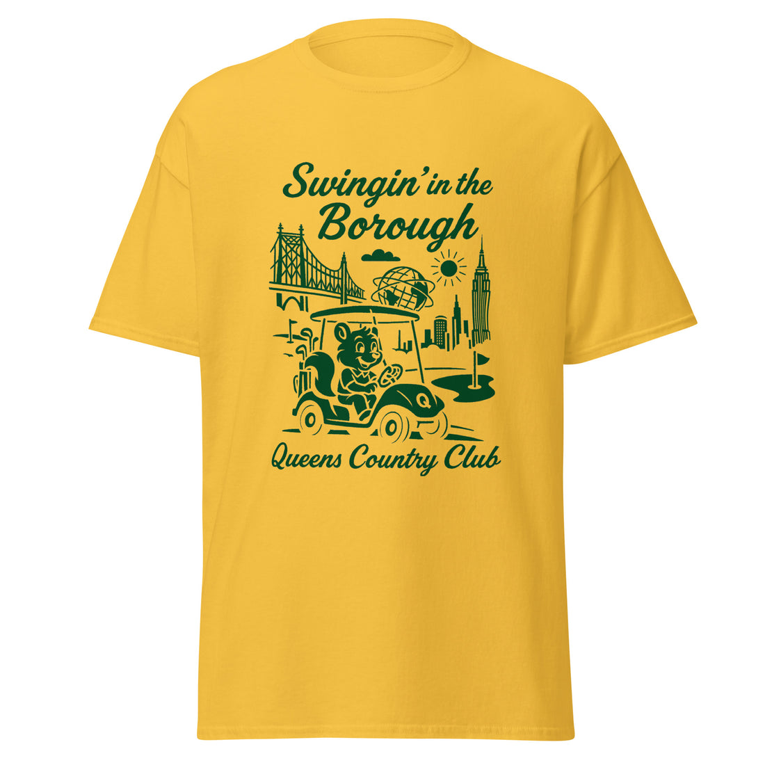  Queens Country Club T-shirt featuring vintage-style golf squirrel mascot driving a golf cart with NYC skyline, Unisphere, and Queensboro Bridge in background. Swingin' in the Borough golf streetwear for New York golfers