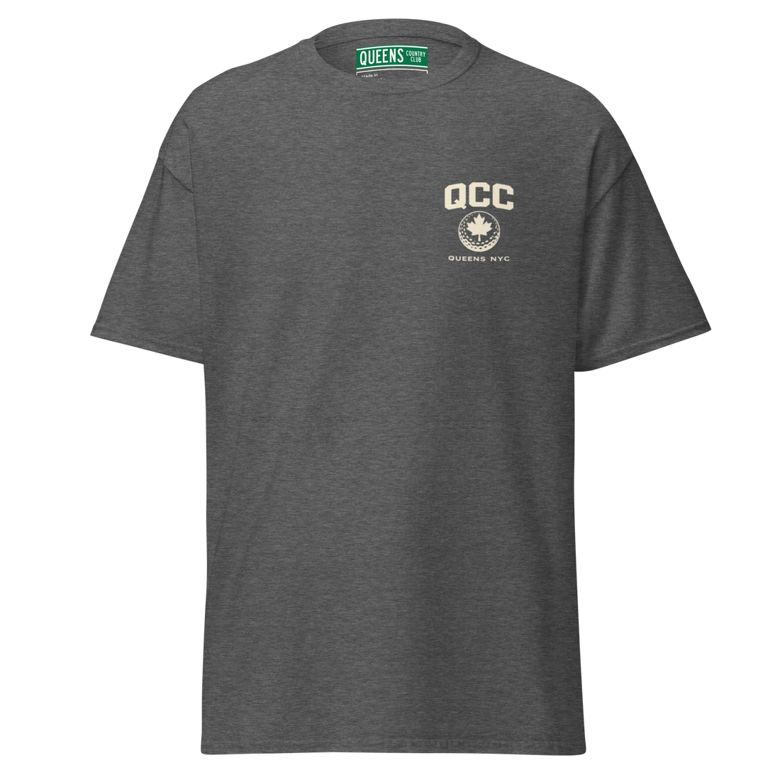Queens Golf Dept. Tee – front view, Queens golf apparel by Queens Country Club