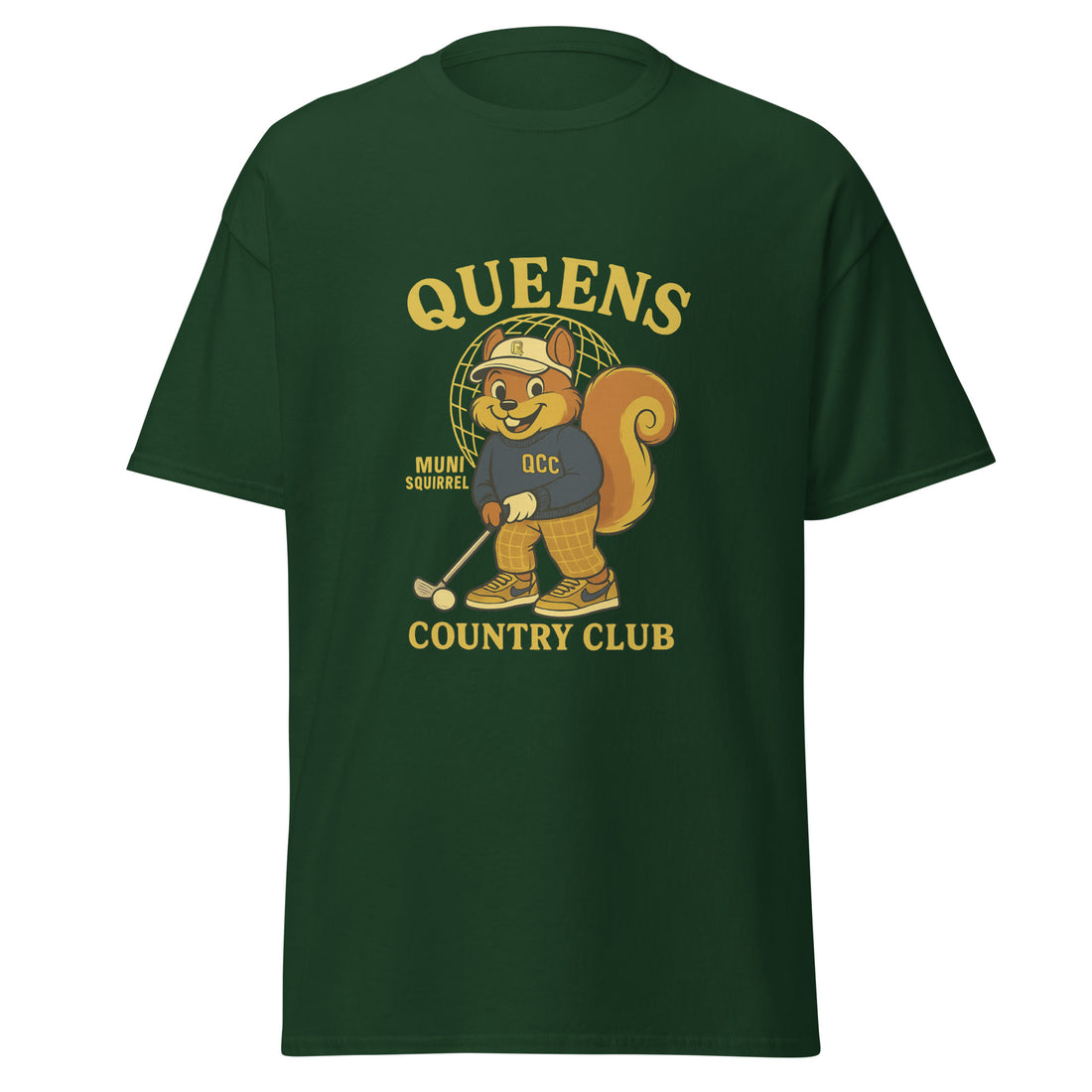  Queens Country Club Green graphic T-shirt featuring cartoon golf squirrel mascot 'Muni Squirrel' in retro golf outfit with QCC sweatshirt, standing in front of Unisphere. Golf streetwear inspired by NYC municipal courses