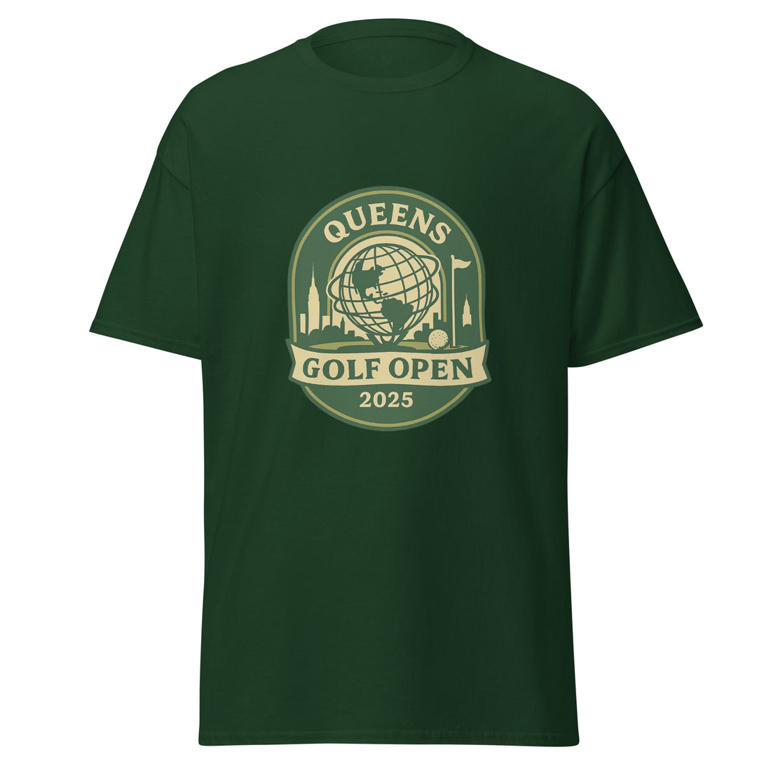 Green unisex T-shirt featuring a vintage-style graphic for the "Queens Golf Open 2025." The design includes the Unisphere at the center, surrounded by silhouettes of iconic NYC buildings, a golf ball, and a flagstick. The text "QUEENS GOLF OPEN 2025" is prominently displayed in cream and green tones within a badge-like emblem.