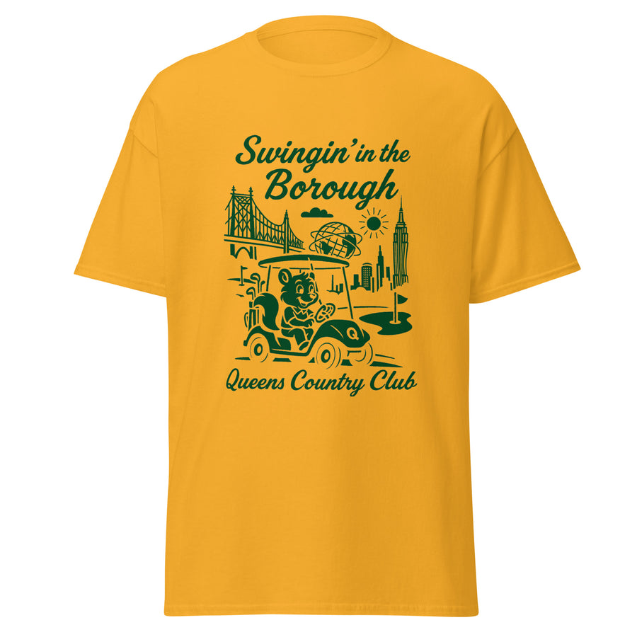 Queens Country Club T-shirt featuring vintage-style golf squirrel mascot driving a golf cart with NYC skyline, Unisphere, and Queensboro Bridge in background. Swingin' in the Borough golf streetwear for New York golfers