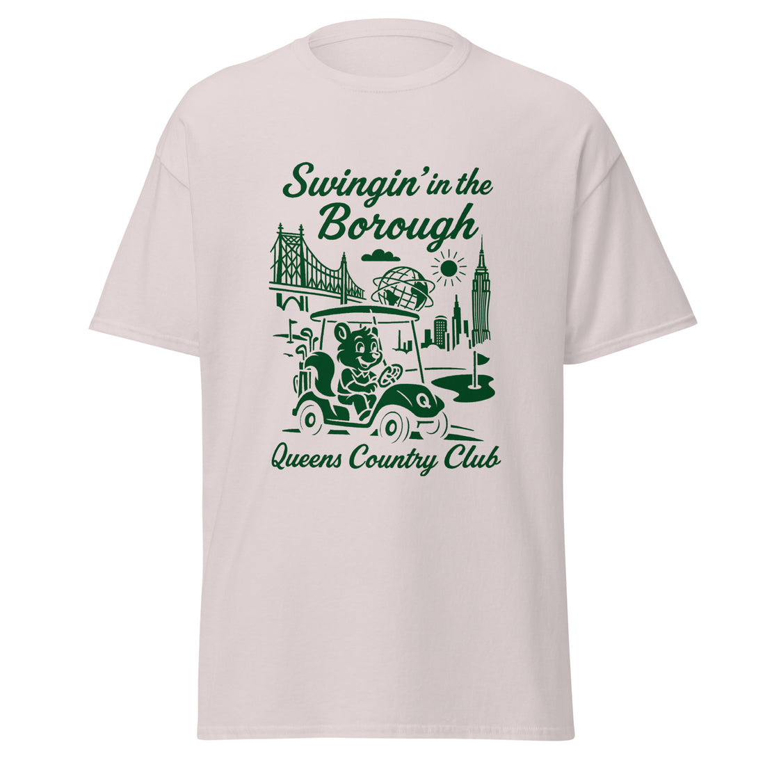  Queens Country Club T-shirt featuring vintage-style golf squirrel mascot driving a golf cart with NYC skyline, Unisphere, and Queensboro Bridge in background. Swingin' in the Borough golf streetwear for New York golfers