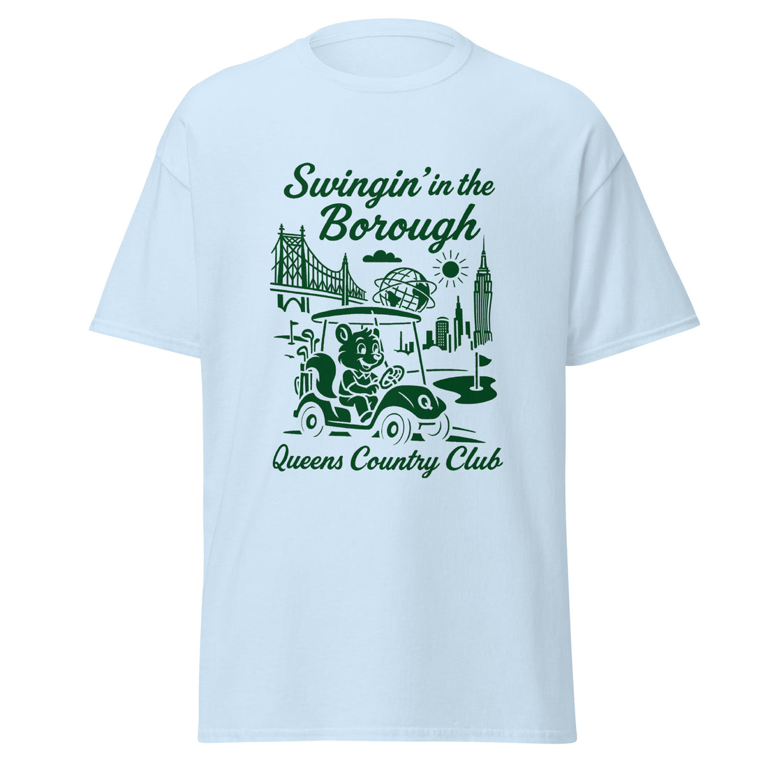  Queens Country Club T-shirt featuring vintage-style golf squirrel mascot driving a golf cart with NYC skyline, Unisphere, and Queensboro Bridge in background. Swingin' in the Borough golf streetwear for New York golfers