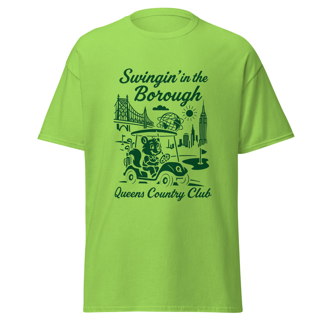  Queens Country Club T-shirt featuring vintage-style golf squirrel mascot driving a golf cart with NYC skyline, Unisphere, and Queensboro Bridge in background. Swingin' in the Borough golf streetwear for New York golfers