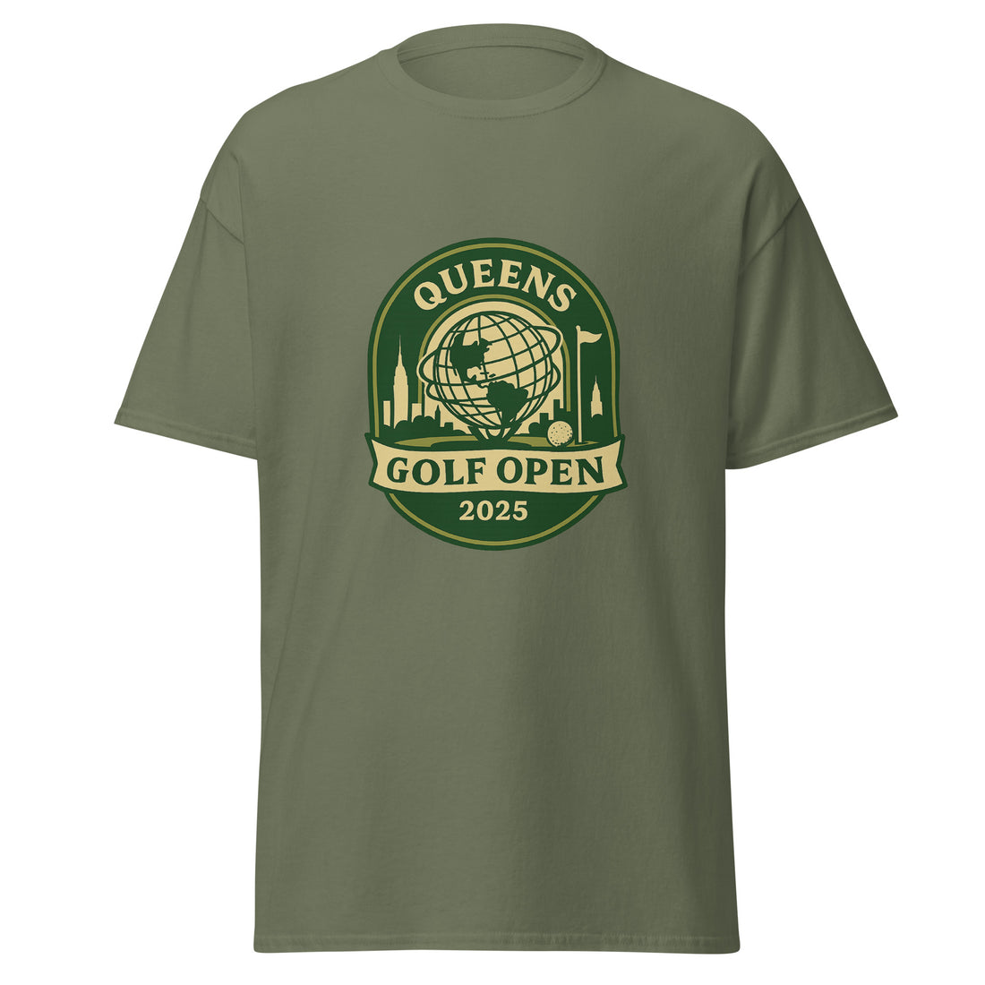Military Green unisex T-shirt featuring a vintage-style graphic for the "Queens Golf Open 2025." The design includes the Unisphere at the center, surrounded by silhouettes of iconic NYC buildings, a golf ball, and a flagstick. The text "QUEENS GOLF OPEN 2025" is prominently displayed in cream and green tones within a badge-like emblem.
