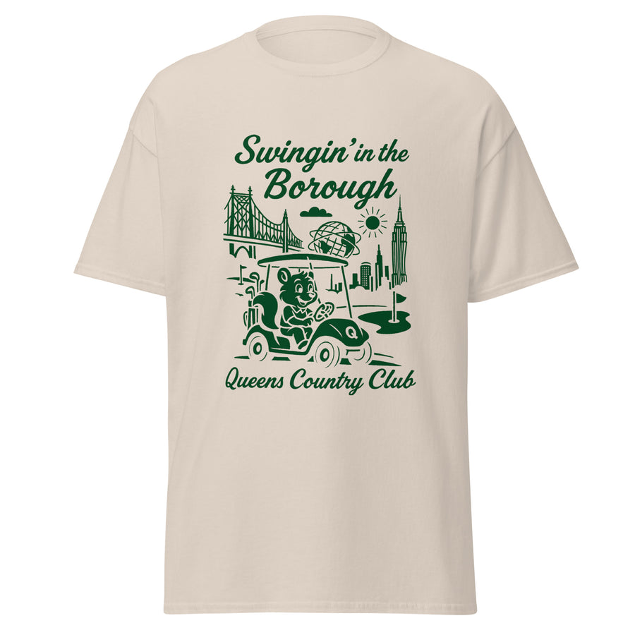  Queens Country Club T-shirt featuring vintage-style golf squirrel mascot driving a golf cart with NYC skyline, Unisphere, and Queensboro Bridge in background. Swingin' in the Borough golf streetwear for New York golfers