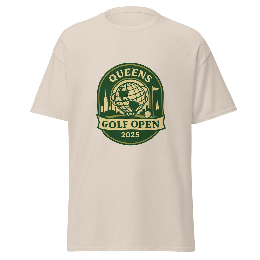 Natural Color unisex T-shirt featuring a vintage-style graphic for the "Queens Golf Open 2025." The design includes the Unisphere at the center, surrounded by silhouettes of iconic NYC buildings, a golf ball, and a flagstick. The text "QUEENS GOLF OPEN 2025" is prominently displayed in cream and green tones within a badge-like emblem.