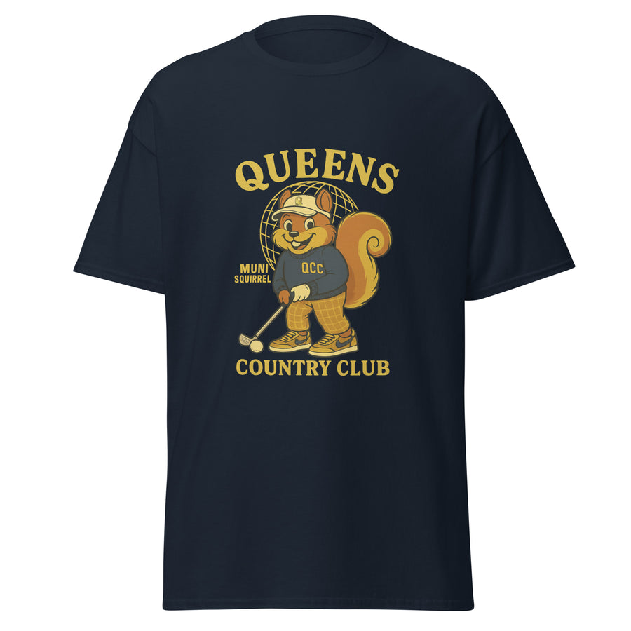  Queens Country Club Navy graphic T-shirt featuring cartoon golf squirrel mascot 'Muni Squirrel' in retro golf outfit with QCC sweatshirt, standing in front of Unisphere. Golf streetwear inspired by NYC municipal courses