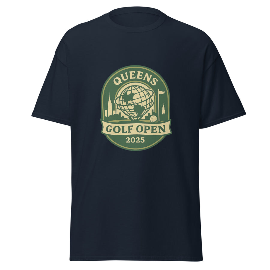  Navy blue unisex T-shirt featuring a vintage-style graphic for the "Queens Golf Open 2025." The design includes the Unisphere at the center, surrounded by silhouettes of iconic NYC buildings, a golf ball, and a flagstick. The text "QUEENS GOLF OPEN 2025" is prominently displayed in cream and green tones within a badge-like emblem.