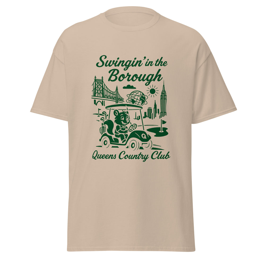  Queens Country Club T-shirt featuring vintage-style golf squirrel mascot driving a golf cart with NYC skyline, Unisphere, and Queensboro Bridge in background. Swingin' in the Borough golf streetwear for New York golfers