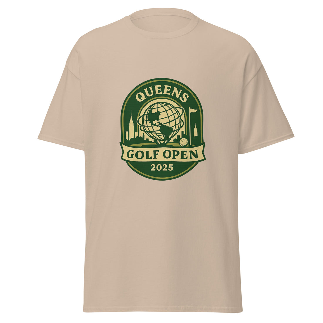 Sand Color unisex T-shirt featuring a vintage-style graphic for the "Queens Golf Open 2025." The design includes the Unisphere at the center, surrounded by silhouettes of iconic NYC buildings, a golf ball, and a flagstick. The text "QUEENS GOLF OPEN 2025" is prominently displayed in cream and green tones within a badge-like emblem.