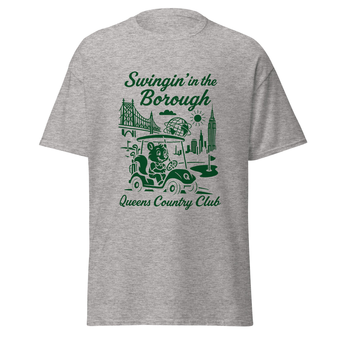  Queens Country Club T-shirt featuring vintage-style golf squirrel mascot driving a golf cart with NYC skyline, Unisphere, and Queensboro Bridge in background. Swingin' in the Borough golf streetwear for New York golfers