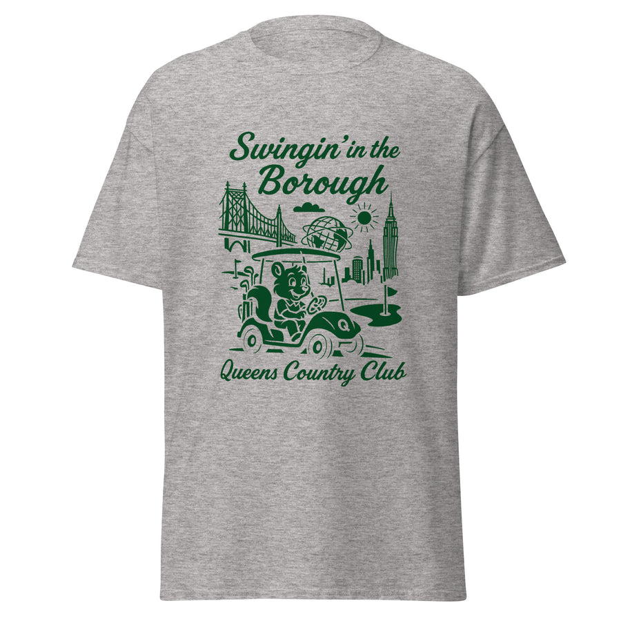  Queens Country Club T-shirt featuring vintage-style golf squirrel mascot driving a golf cart with NYC skyline, Unisphere, and Queensboro Bridge in background. Swingin' in the Borough golf streetwear for New York golfers