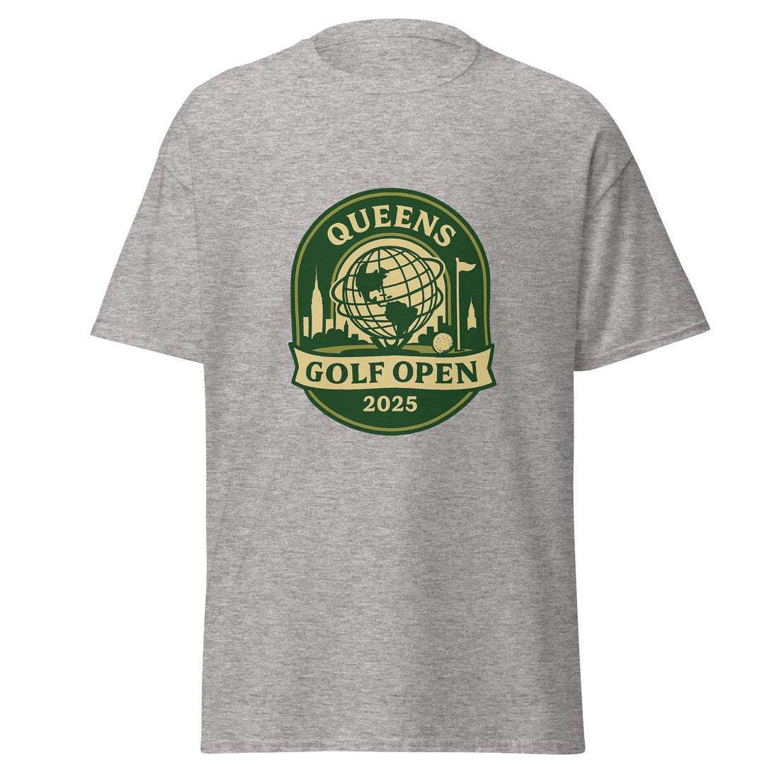 Sport Grey unisex T-shirt featuring a vintage-style graphic for the "Queens Golf Open 2025." The design includes the Unisphere at the center, surrounded by silhouettes of iconic NYC buildings, a golf ball, and a flagstick. The text "QUEENS GOLF OPEN 2025" is prominently displayed in cream and green tones within a badge-like emblem.