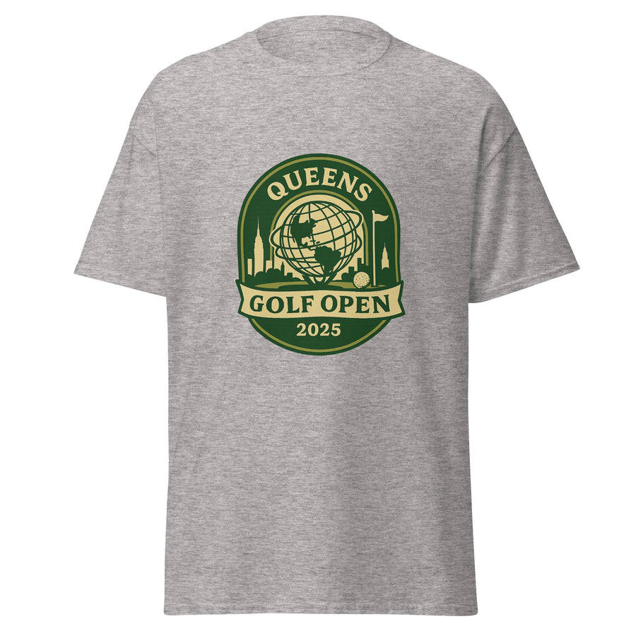 Sport Grey unisex T-shirt featuring a vintage-style graphic for the "Queens Golf Open 2025." The design includes the Unisphere at the center, surrounded by silhouettes of iconic NYC buildings, a golf ball, and a flagstick. The text "QUEENS GOLF OPEN 2025" is prominently displayed in cream and green tones within a badge-like emblem.