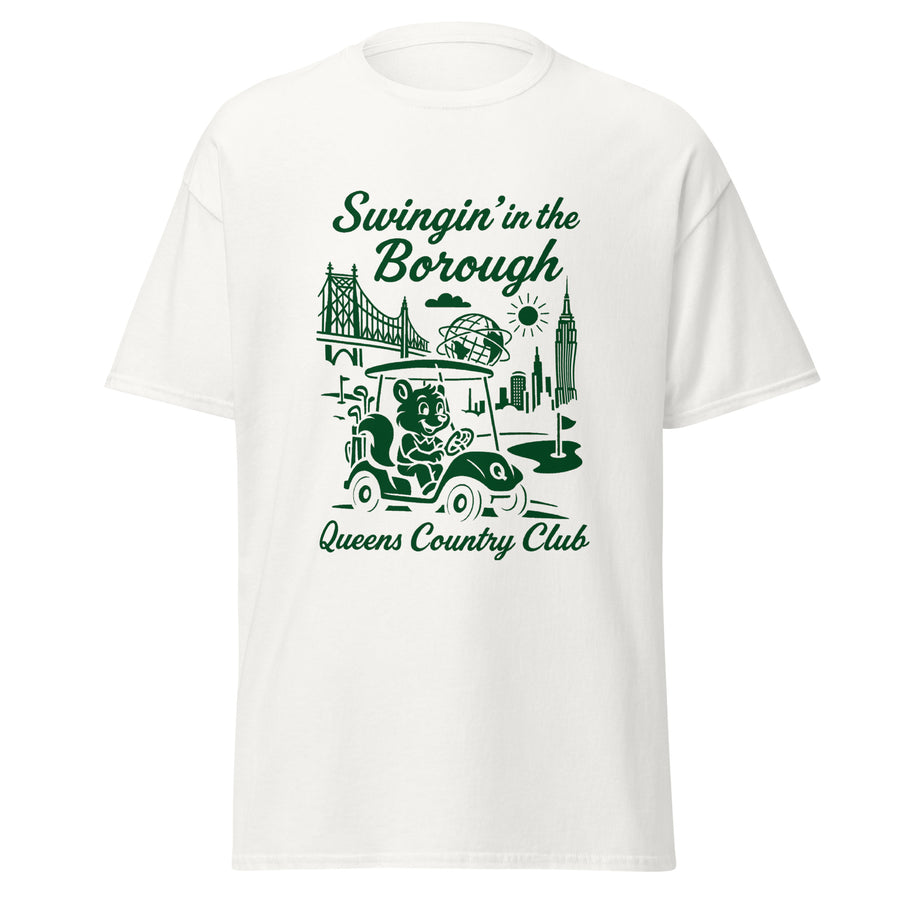  Queens Country Club T-shirt featuring vintage-style golf squirrel mascot driving a golf cart with NYC skyline, Unisphere, and Queensboro Bridge in background. Swingin' in the Borough golf streetwear for New York golfers