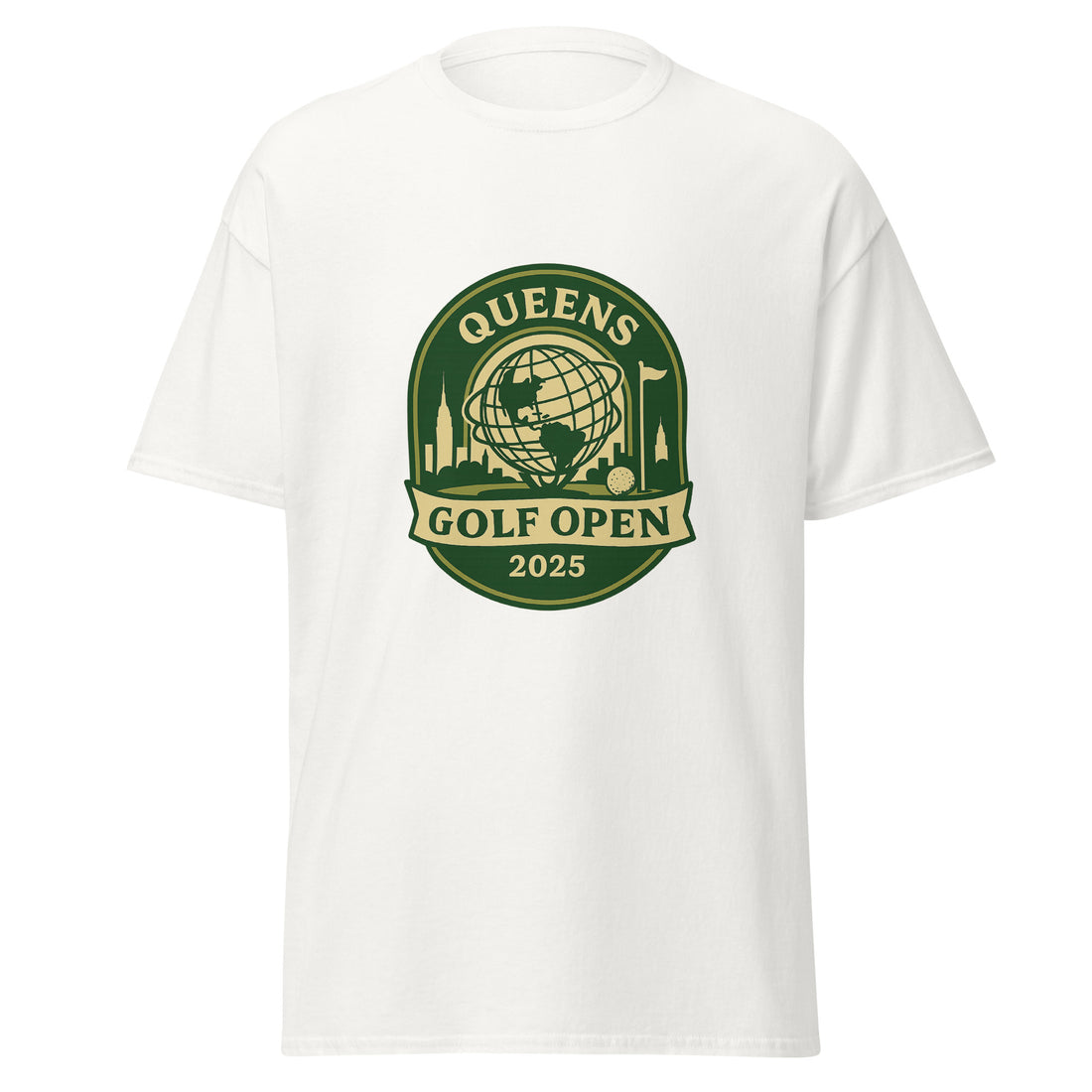 White unisex T-shirt featuring a vintage-style graphic for the "Queens Golf Open 2025." The design includes the Unisphere at the center, surrounded by silhouettes of iconic NYC buildings, a golf ball, and a flagstick. The text "QUEENS GOLF OPEN 2025" is prominently displayed in cream and green tones within a badge-like emblem.