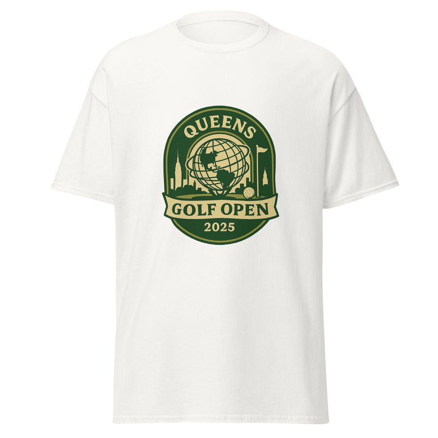 White unisex T-shirt featuring a vintage-style graphic for the "Queens Golf Open 2025." The design includes the Unisphere at the center, surrounded by silhouettes of iconic NYC buildings, a golf ball, and a flagstick. The text "QUEENS GOLF OPEN 2025" is prominently displayed in cream and green tones within a badge-like emblem.