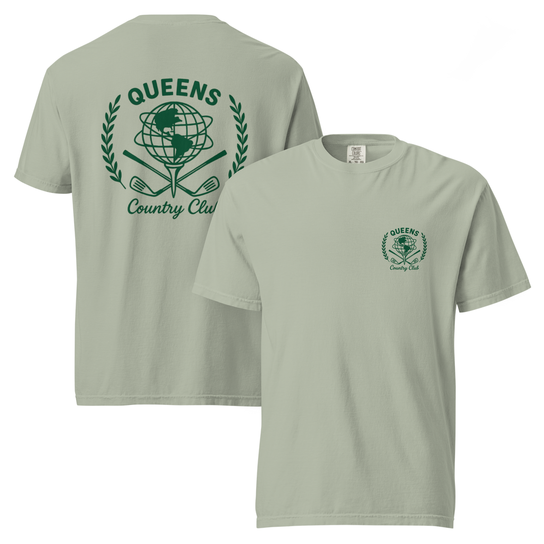 Queens Unisphere Golf Ball Tee – Green Print Heavyweight – back view, Queens golf apparel by Queens Country Club