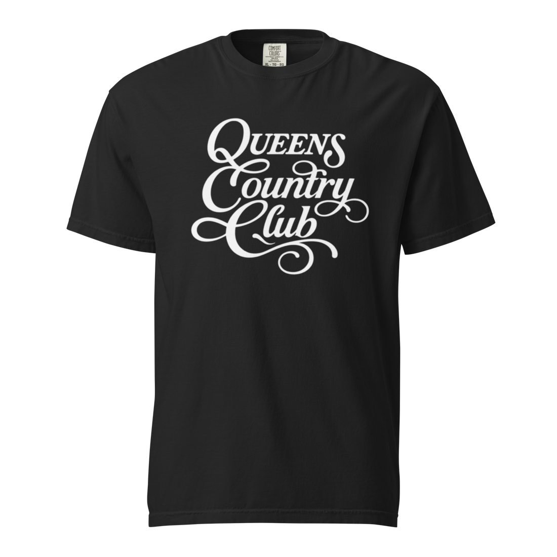 QCC Heritage Script Tee in Black – front view, Queens golf apparel by Queens Country Club