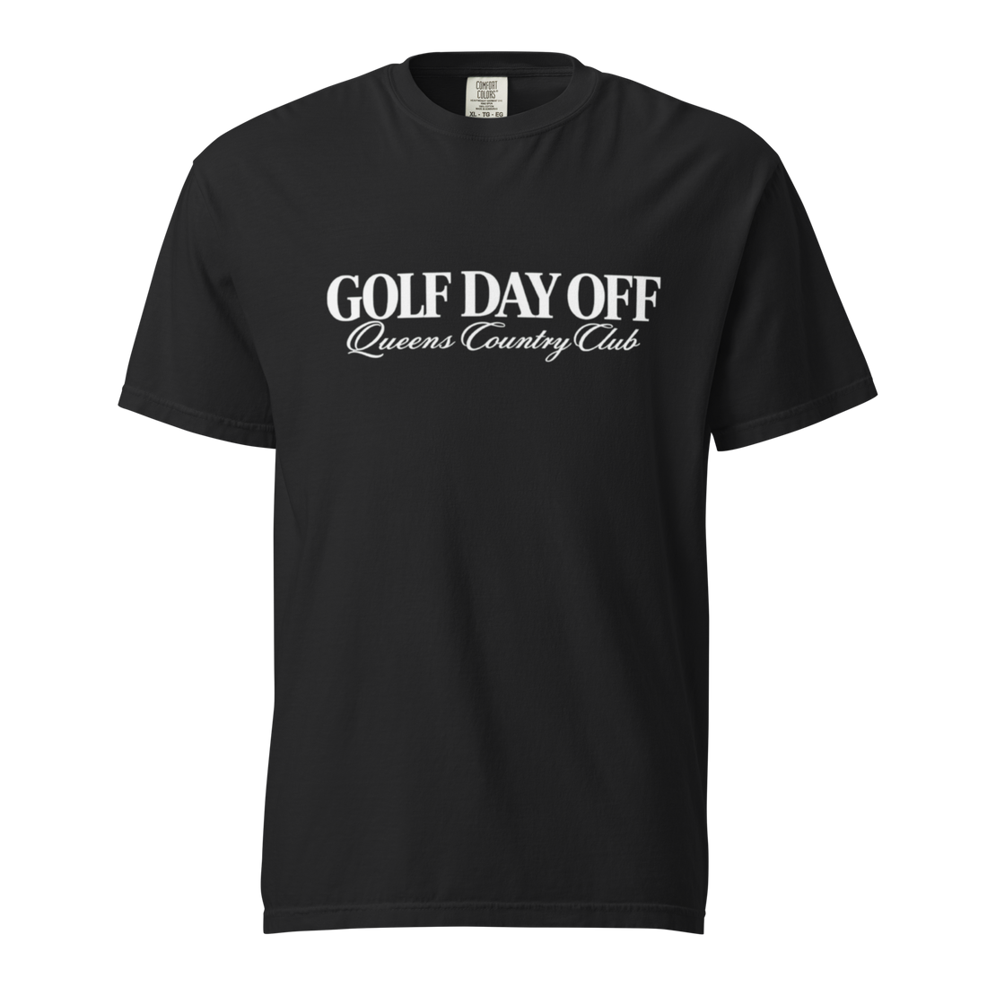 Golf Day Off Tee white in Black – front view, Queens golf apparel by Queens Country Club
