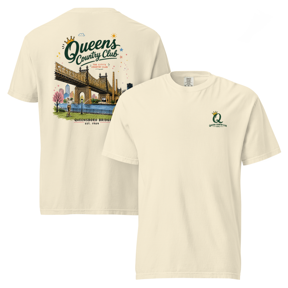 Queensboro Bridge Golf Tee in Ivory – back view, Queens golf apparel by Queens Country Club