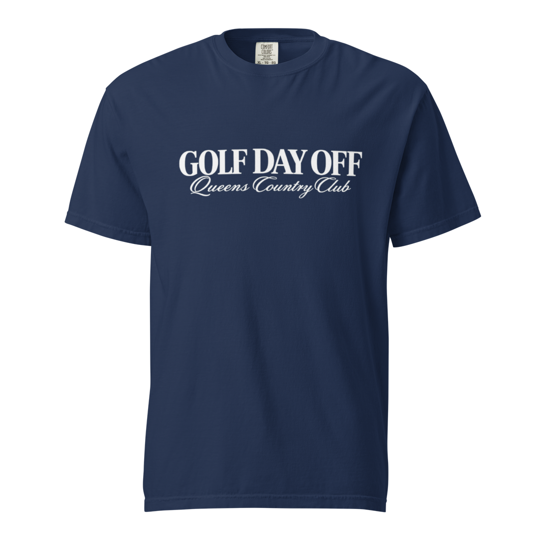 Golf Day Off Tee white in Navy – front view, Queens golf apparel by Queens Country Club