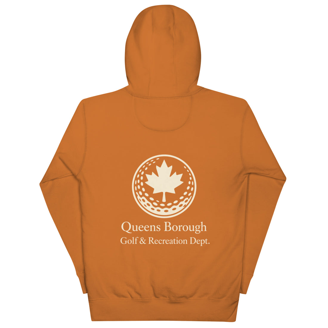  Queens Country Club hoodie featuring cream “Queens Borough Golf & Recreation Dept.” back graphic and small QCC logo on front chest.