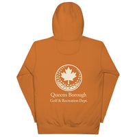  Queens Country Club hoodie featuring cream “Queens Borough Golf & Recreation Dept.” back graphic and small QCC logo on front chest.