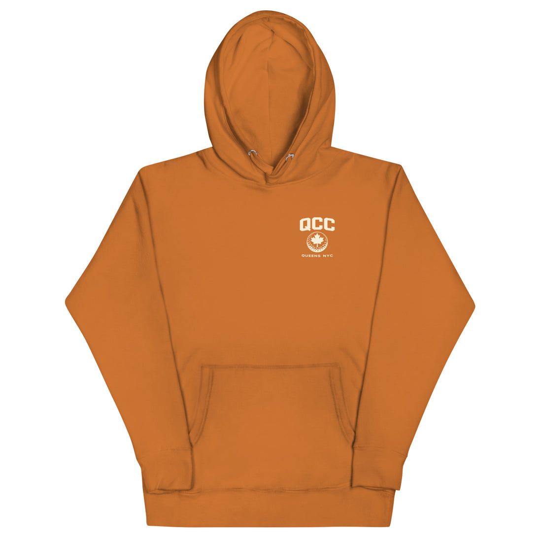  Queens Country Club hoodie featuring cream “Queens Borough Golf & Recreation Dept.” back graphic and small QCC logo on front chest.