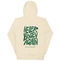 Bone QCC No More Bogey Hoodie with green “Never Bogey Again” lettering — back view with large graphic print, Queens Country Club.