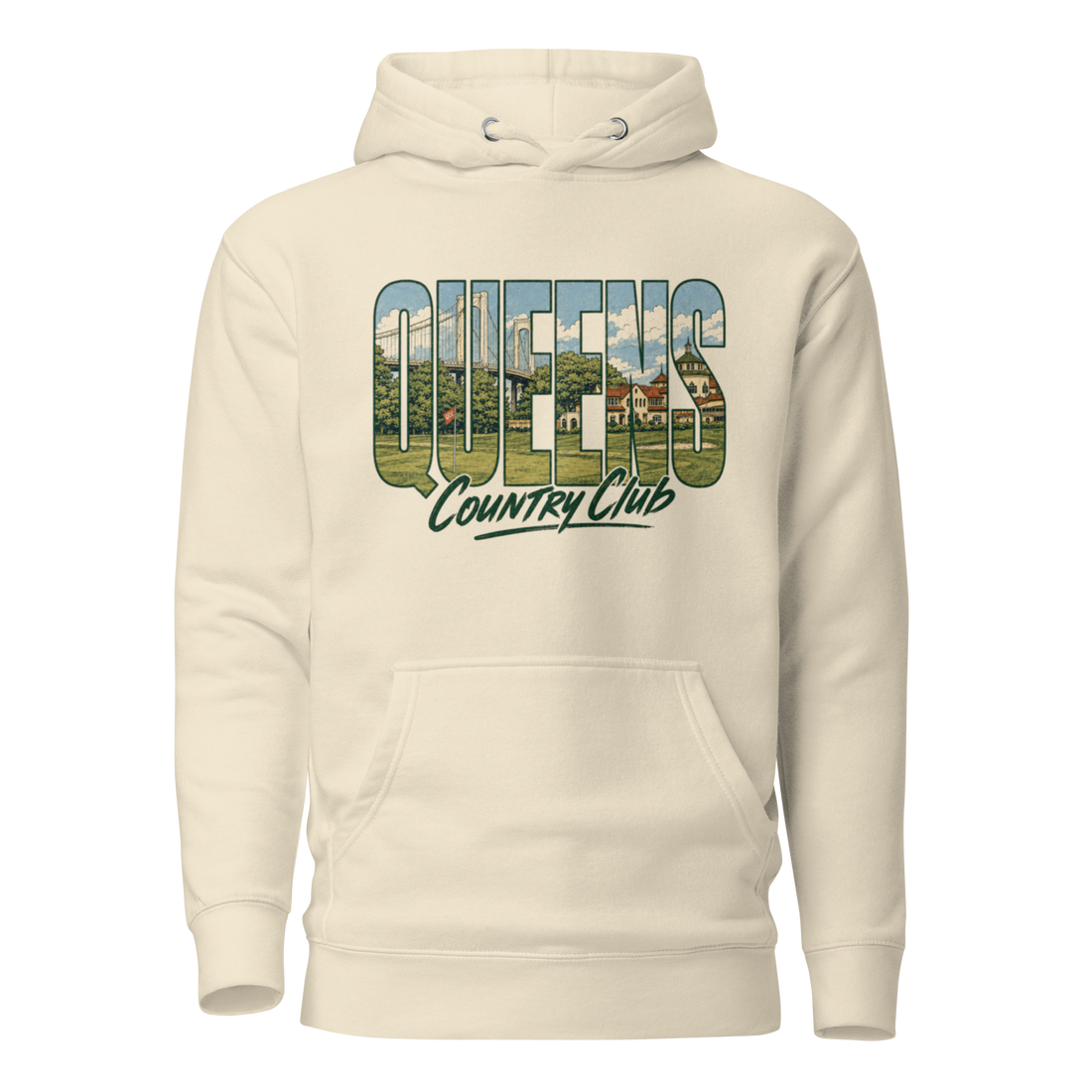 Queens Muni Vista Hoodie — Vintage Colors in Bone – front view, Queens golf apparel by Queens Country Club