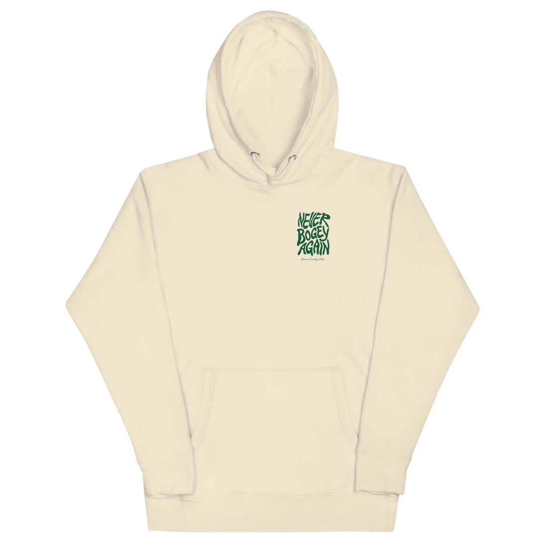 Bone QCC No More Bogey Hoodie with green “Never Bogey Again” lettering — front view with small left-chest print, Queens Country Club.
