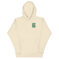 Bone QCC No More Bogey Hoodie with green “Never Bogey Again” lettering — front view with small left-chest print, Queens Country Club.