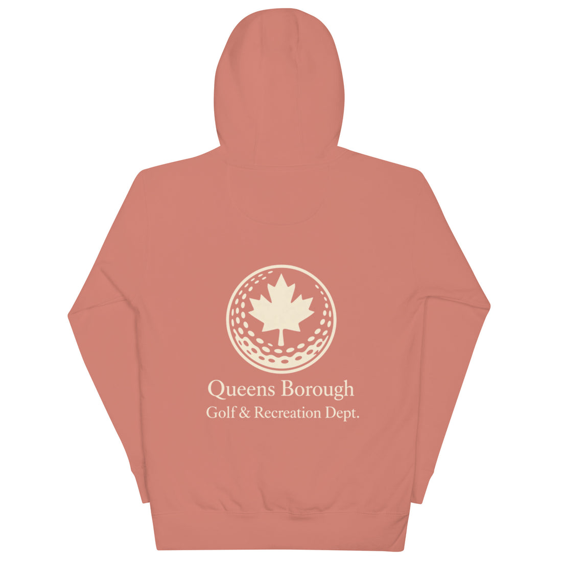  Queens Country Club hoodie featuring cream “Queens Borough Golf & Recreation Dept.” back graphic and small QCC logo on front chest.