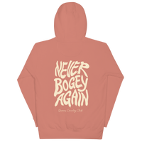 Dusty Rose QCC No More Bogey Hoodie with cream “Never Bogey Again” lettering — back view with large graphic print, Queens Country Club.