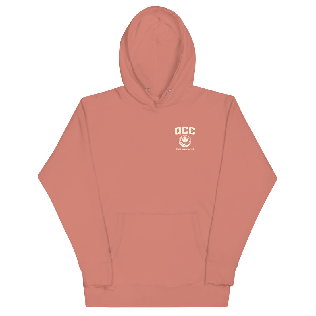  Queens Country Club hoodie featuring cream “Queens Borough Golf & Recreation Dept.” back graphic and small QCC logo on front chest.