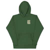 Forest Green QCC No More Bogey Hoodie with cream “Never Bogey Again” lettering — front view with small left-chest print, Queens Country Club.