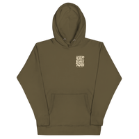 Military Green QCC No More Bogey Hoodie with cream “Never Bogey Again” lettering — front view with small left-chest print, Queens Country Club.