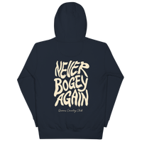 Navy Blazer QCC No More Bogey Hoodie with cream “Never Bogey Again” lettering — back view with large graphic print, Queens Country Club.