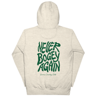 Oatmeal Heather QCC No More Bogey Hoodie with green “Never Bogey Again” lettering — back view with large graphic print, Queens Country Club.