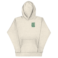 Oatmeal Heather QCC No More Bogey Hoodie with green “Never Bogey Again” lettering — front view with small left-chest print, Queens Country Club.