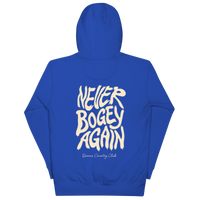 Team Royal QCC No More Bogey Hoodie with cream “Never Bogey Again” lettering — back view with large graphic print, Queens Country Club.
