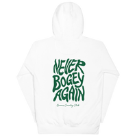 White QCC No More Bogey Hoodie with green “Never Bogey Again” lettering — back view with large graphic print, Queens Country Club.